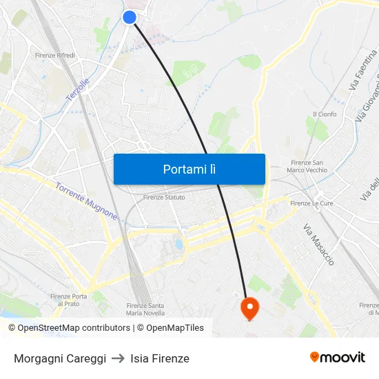 Morgagni Careggi to Isia Firenze map