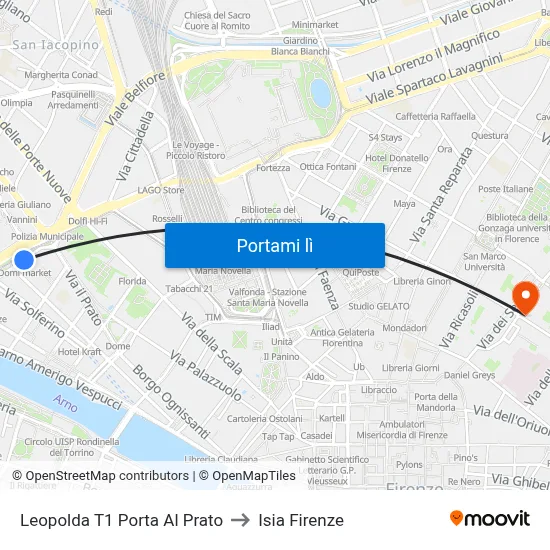 Leopolda T1 Porta Al Prato to Isia Firenze map