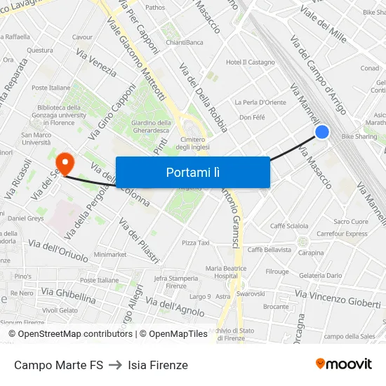 Campo Marte FS to Isia Firenze map