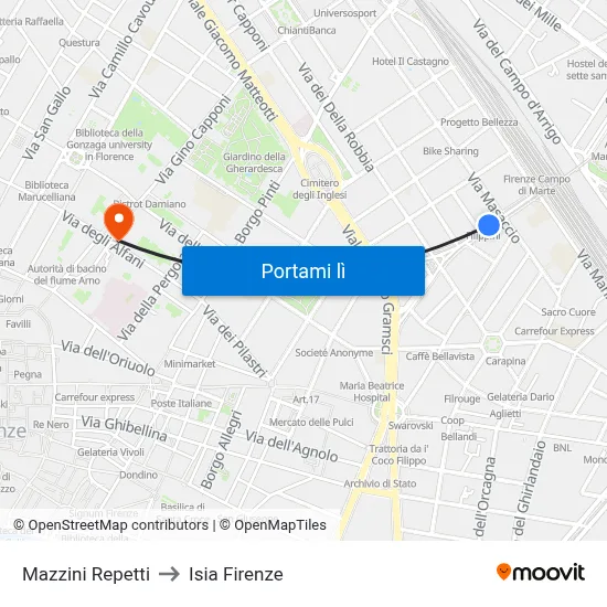 Mazzini Repetti to Isia Firenze map