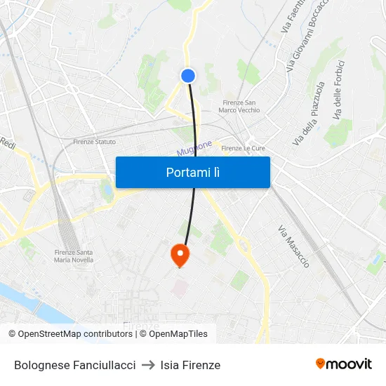 Bolognese Fanciullacci to Isia Firenze map