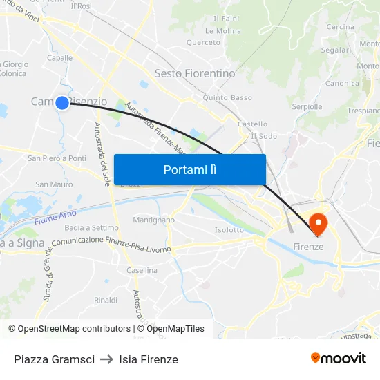 Piazza Gramsci to Isia Firenze map