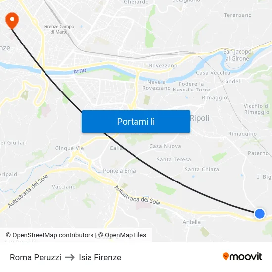 Roma Peruzzi to Isia Firenze map