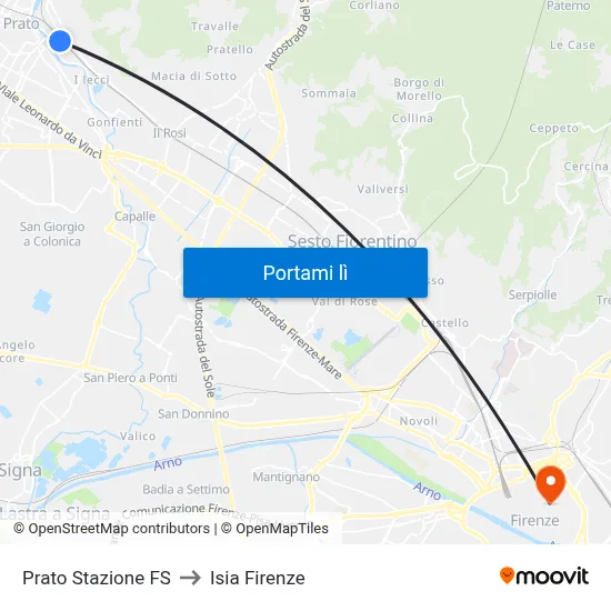 Prato Stazione FS to Isia Firenze map