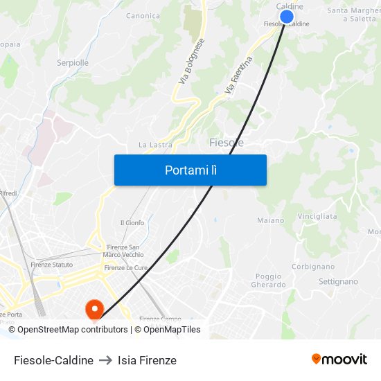 Fiesole-Caldine to Isia Firenze map