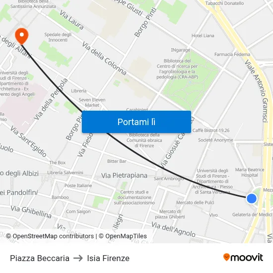 Piazza Beccaria to Isia Firenze map