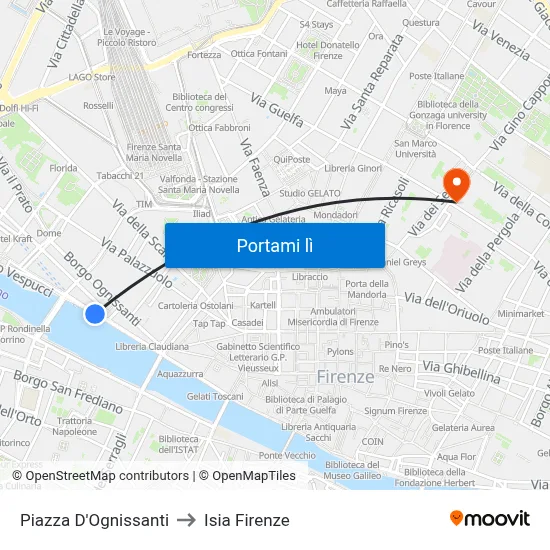 Piazza D'Ognissanti to Isia Firenze map