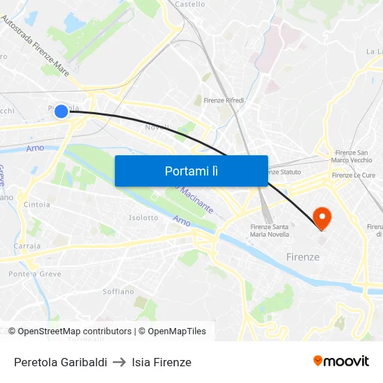 Peretola Garibaldi to Isia Firenze map