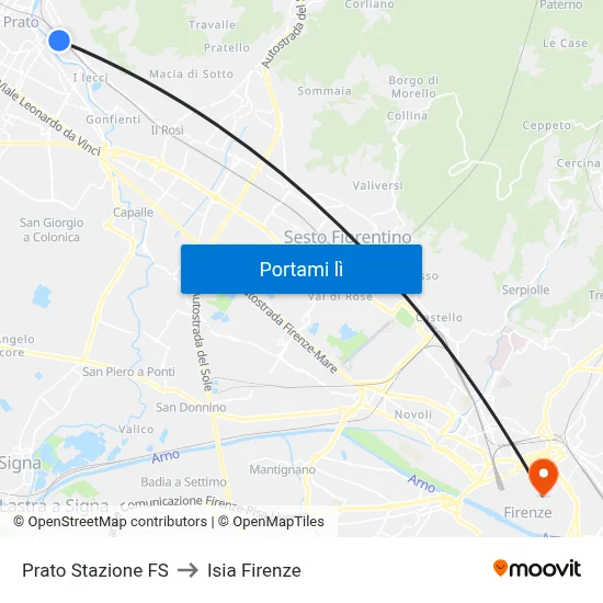 Prato Stazione FS to Isia Firenze map
