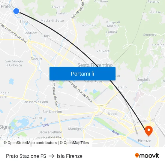 Prato Stazione FS to Isia Firenze map