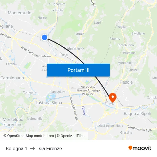 Bologna 1 to Isia Firenze map