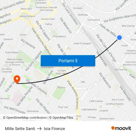 Mille Sette Santi to Isia Firenze map
