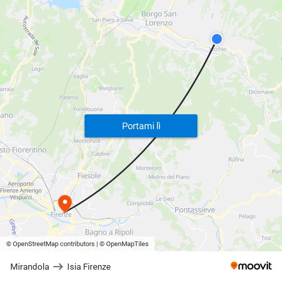 Mirandola to Isia Firenze map