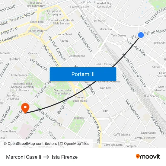 Marconi Caselli to Isia Firenze map