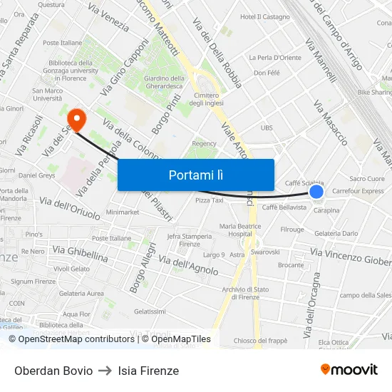 Oberdan Bovio to Isia Firenze map