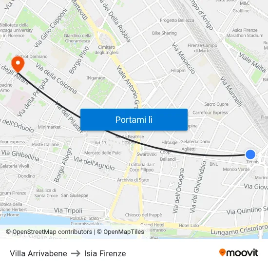 Villa Arrivabene to Isia Firenze map
