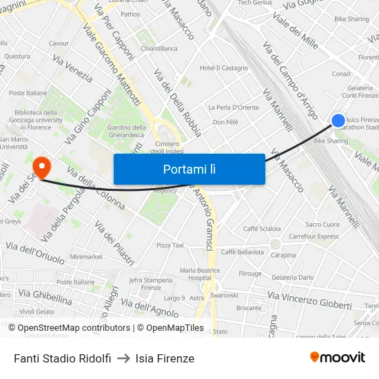 Fanti Stadio Ridolfi to Isia Firenze map