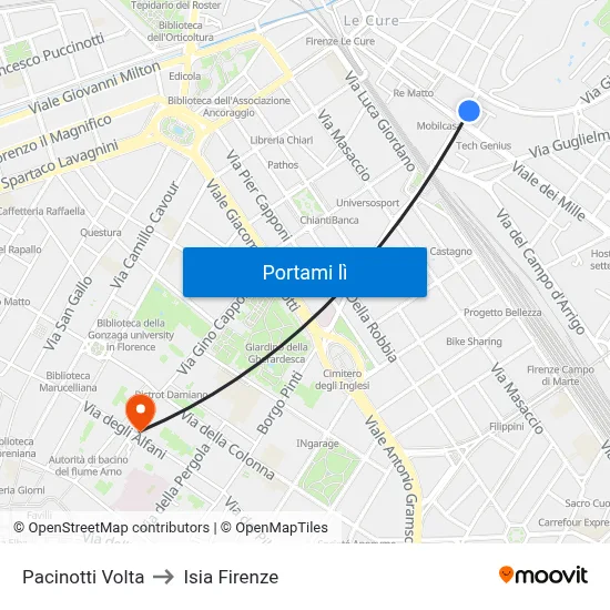 Pacinotti Volta to Isia Firenze map