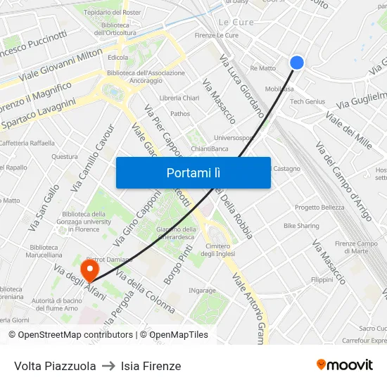 Volta Piazzuola to Isia Firenze map
