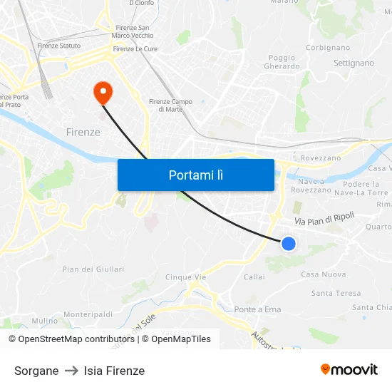 Sorgane to Isia Firenze map