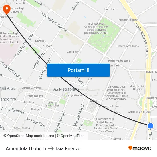 Amendola Gioberti to Isia Firenze map