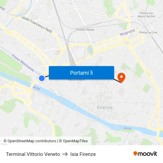Terminal Vittorio Veneto to Isia Firenze map