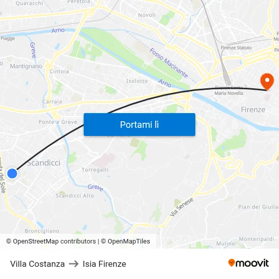 Villa Costanza to Isia Firenze map