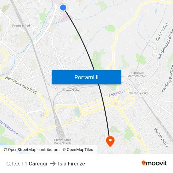 C.T.O. T1 Careggi to Isia Firenze map