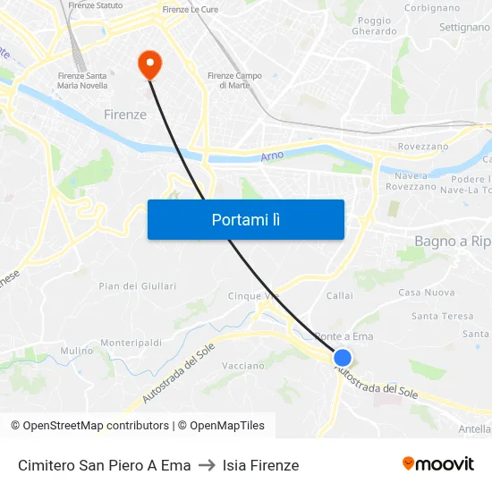 Cimitero San Piero A Ema to Isia Firenze map