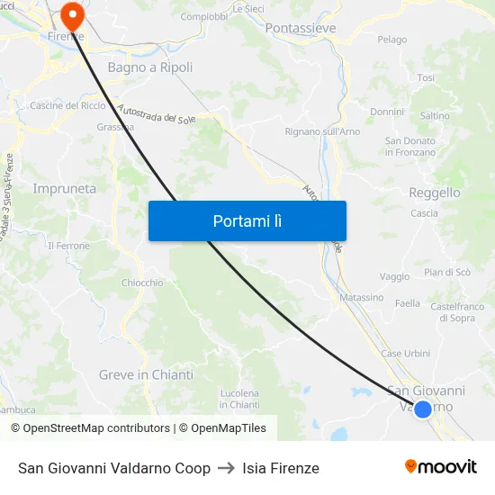San Giovanni Valdarno Coop to Isia Firenze map