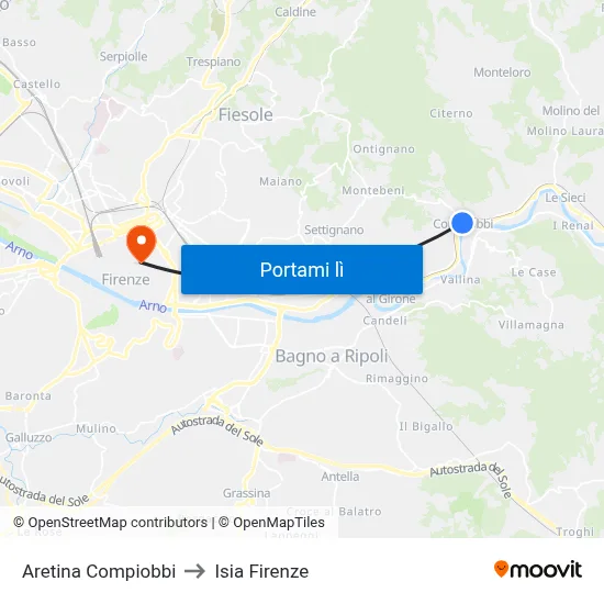 Aretina Compiobbi to Isia Firenze map
