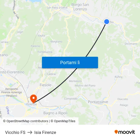 Vicchio FS to Isia Firenze map