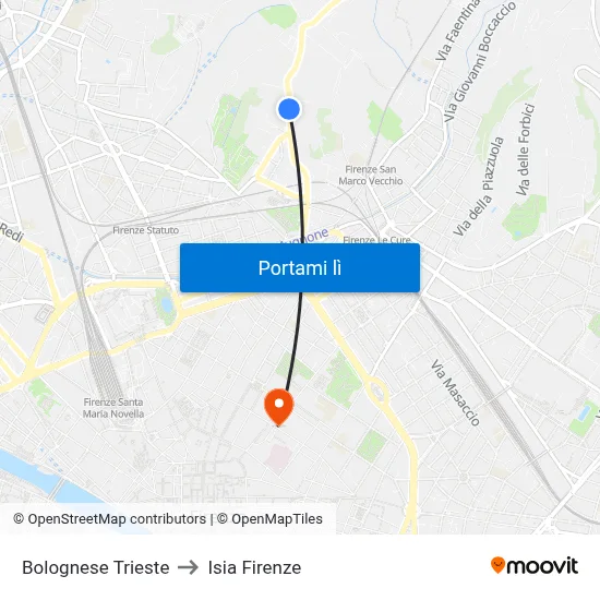 Bolognese Trieste to Isia Firenze map