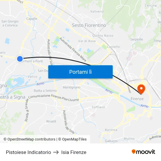 Pistoiese Indicatorio to Isia Firenze map