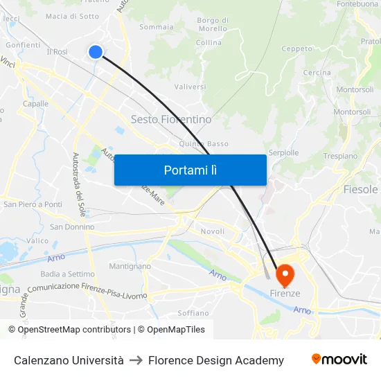 Calenzano Università to Florence Design Academy map