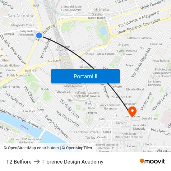 T2 Belfiore to Florence Design Academy map