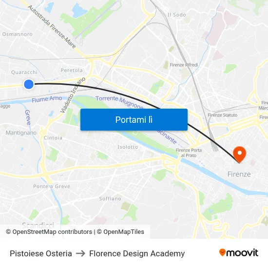 Pistoiese Osteria to Florence Design Academy map