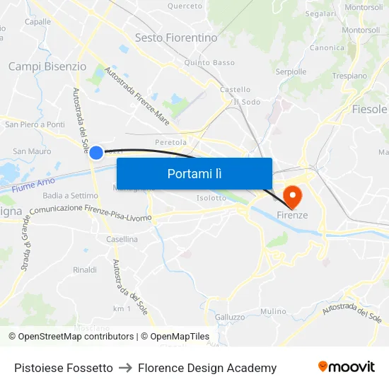 Pistoiese Fossetto to Florence Design Academy map