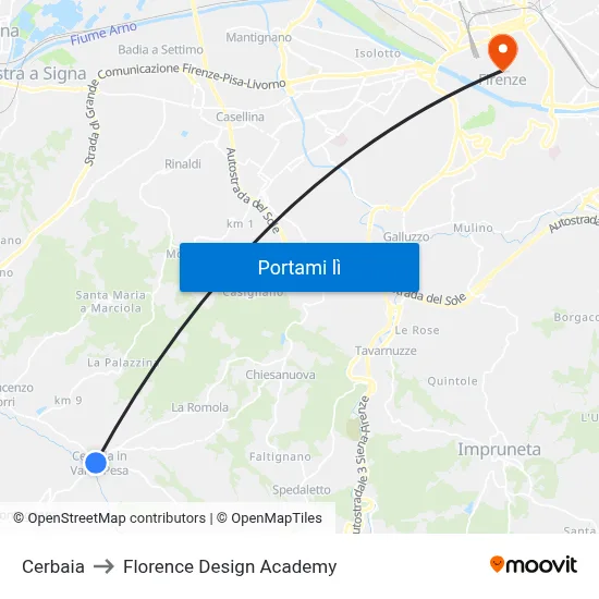 Cerbaia to Florence Design Academy map