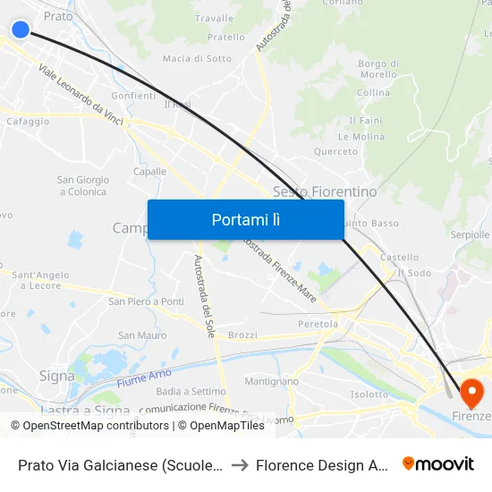 Prato Via Galcianese (Scuole Dossetti) to Florence Design Academy map