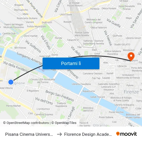 Pisana Cinema Universale to Florence Design Academy map