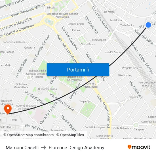 Marconi Caselli to Florence Design Academy map