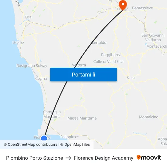 Piombino Porto Stazione to Florence Design Academy map