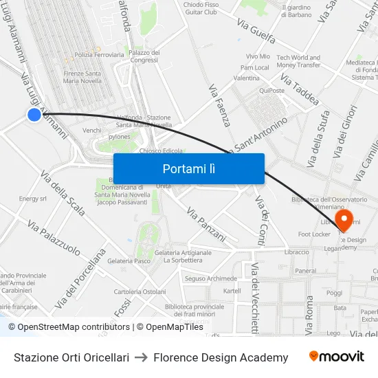 Stazione Orti Oricellari to Florence Design Academy map