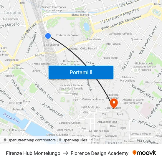 Firenze Hub Montelungo to Florence Design Academy map