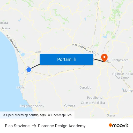 Pisa Stazione to Florence Design Academy map