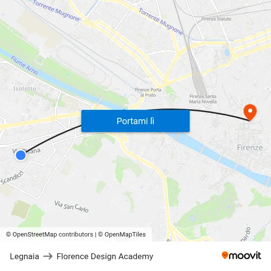Legnaia to Florence Design Academy map