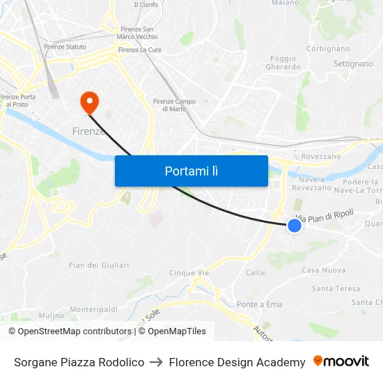 Sorgane Piazza Rodolico to Florence Design Academy map