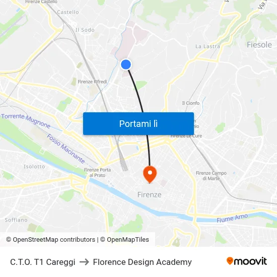 C.T.O. T1 Careggi to Florence Design Academy map