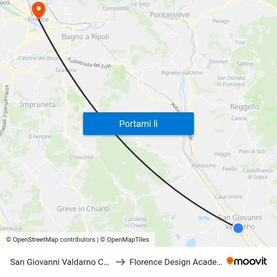 San Giovanni Valdarno Coop to Florence Design Academy map